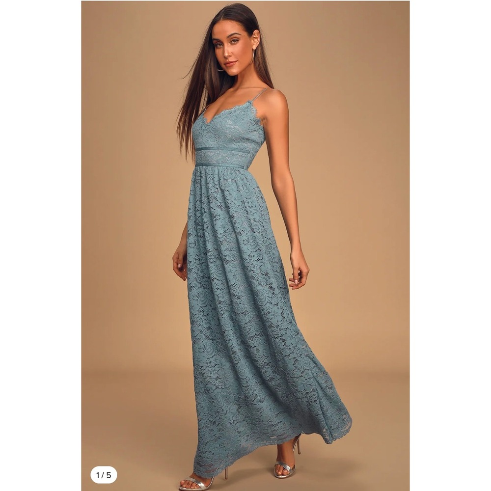 Lulus Made For Each Other Slate Blue Lace Maxi Dress